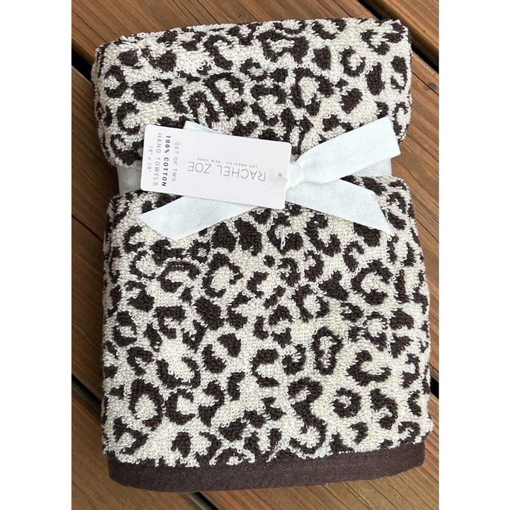 Rachel Zoe Leopard Hand Towels Cheetah Animal Print Tan Brown 100% Cotton 2 Pc